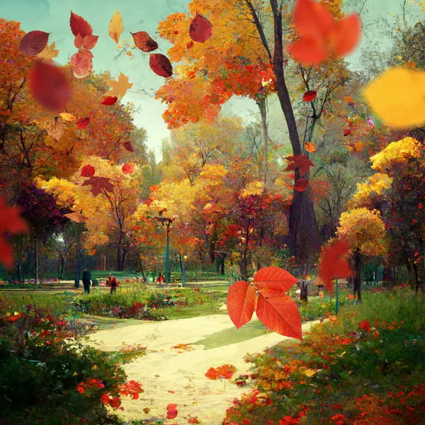 Autumn City Park Trees Yellow Red Leaves Fall Nature Art — ストック写真