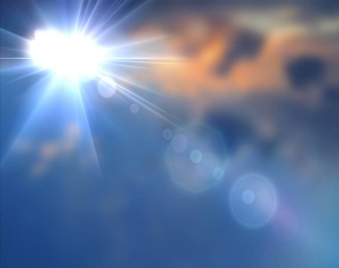 Güneş mavi gökyüzünde ışıldıyor ve turuncu güneş batıyor. 