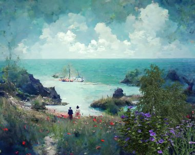 Yaz çiçekli gökyüzü mavi gökyüzü yeşil su kumsaldaki yabani çiçekler çiçekçilik sanat arka planı, Monet 'in resmi.