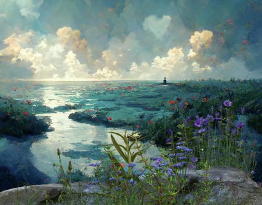 Yaz çiçekli gökyüzü mavi gökyüzü yeşil su kumsaldaki yabani çiçekler çiçekçilik sanat arka planı, Monet 'in resmi.