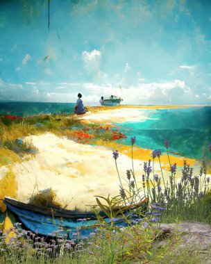 Kumsalda yaz çiçekli manzara teknesi, kumsalda oturan kadın, mavi gökyüzü yeşil su kumsalda yabani çiçekler, çiçekçilik sanat arka planı, Monet 'in resmi.
