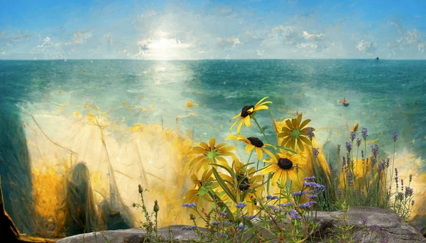 Letní Květinová Krajina Modrá Obloha Zelená Voda Divoké Květiny Pláži — Stock fotografie