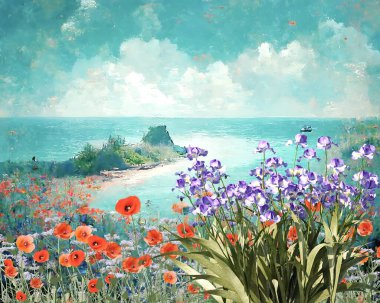 Yaz mavisi gökyüzü yeşil deniz suyu kumsal manzarasında yabani çiçekler izlenimcilik sanat arka planı, Monet tarzı resim 