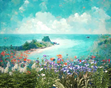 Yaz mavisi gökyüzü yeşil deniz suyu kumsal manzarasında yabani çiçekler izlenimcilik sanat arka planı, Monet tarzı resim 
