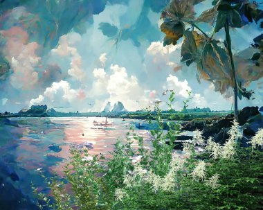 Yaz mavisi gökyüzü yeşil deniz suyu kumsal manzarasında yabani çiçekler izlenimcilik sanat arka planı, Monet tarzı resim 
