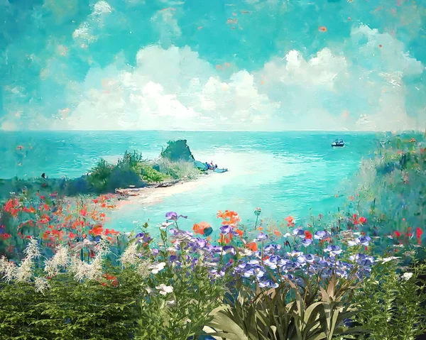 Summer  blue sky green sea  water wild flowers on beach nature landscape , impressionism art background ,paint by Monet style