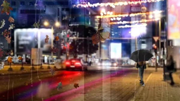 Yağmurlu Sokak Akşamı Şehir Işığı Şemsiyeli Yayalar Sarı Yapraklar Dökülüyor — Stok fotoğraf