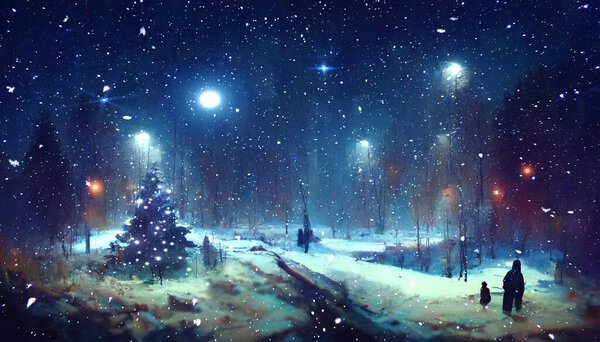 Winter blue starry night sky and bright moon ,snowy green tree Christmas fairy in city park ,snow flakes fall , nature landscape abstract art painting