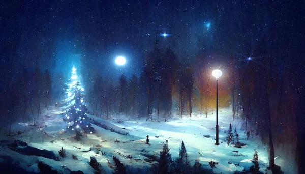 冬の青い星空と明るい月 雪の緑の木都市公園のクリスマスフェアリー 雪のフレーク秋 自然景観抽象絵画 — ストック写真