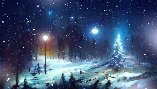 Winter forest , blue starry night sky and bright moon ,snowy green tree Christmas fairy in city park ,snow flakes fall , nature landscape abstract art painting