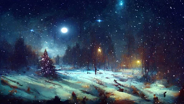Έναστρο Νυχτερινό Ουρανό Και Φωτεινό Φεγγάρι Χειμωνιάτικο Χιονισμένο Πράσινο Δέντρο — Φωτογραφία Αρχείου
