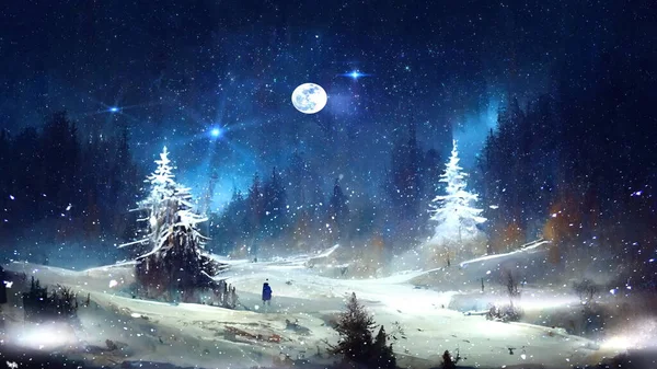 冬の青い星空と明るい月 雪の緑の木都市公園のクリスマスフェアリー 雪のフレーク秋 自然景観抽象絵画 — ストック写真