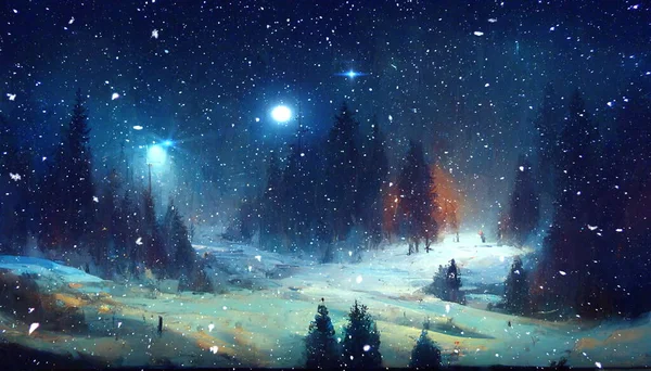 冬天的蓝星夜空和明月 雪地绿树圣诞仙女在城市公园 雪花飘落 自然景观抽象画 — 图库照片
