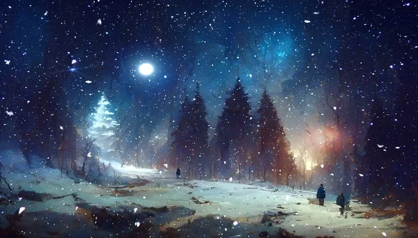 Floresta Inverno Céu Estrelado Azul Lua Brilhante Árvore Verde Nevada — Fotografia de Stock