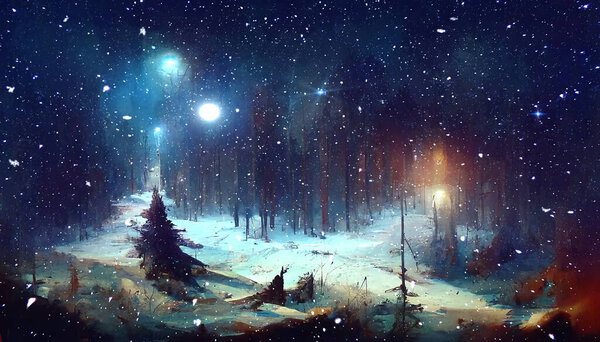 Winter forest , blue starry night sky and bright moon ,snowy green tree Christmas fairy in city park ,snow flakes fall , nature landscape abstract art painting