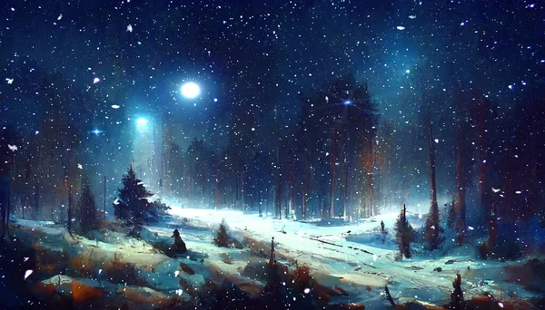 冬季森林 蓝星夜空 雪地绿树圣诞仙女 雪花飘落 自然景观抽象画 — 图库照片