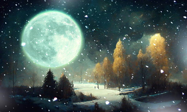Big moon on night starry sky winter forest snowy weather Christmas nature landscape art abstract oil painting banner