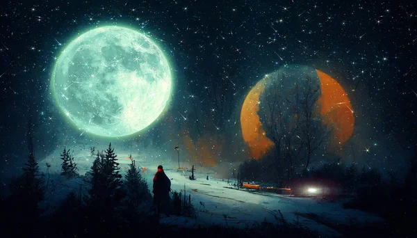 Nagy Hold Éjszaka Csillagos Tél Erdő Havas Időjárás Karácsony Természet — Stock Fotó