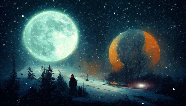 Luna Grande Noche Cielo Estrellado Bosque Invierno Clima Nevado Navidad — Foto de Stock