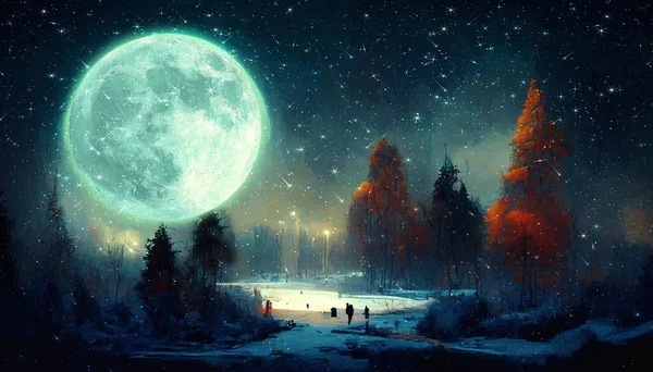 big moon on night starry sky winter forest snowy weather Christmas nature landscape  art abstract oil painting banner