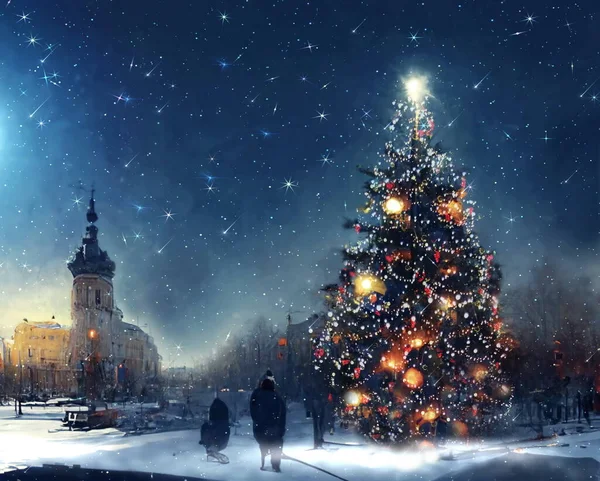 Kış şehrinde Noel ağacı yağışlı kar yağışı yıldızlı gökyüzünde soyut resim sanatına yansıyor. 