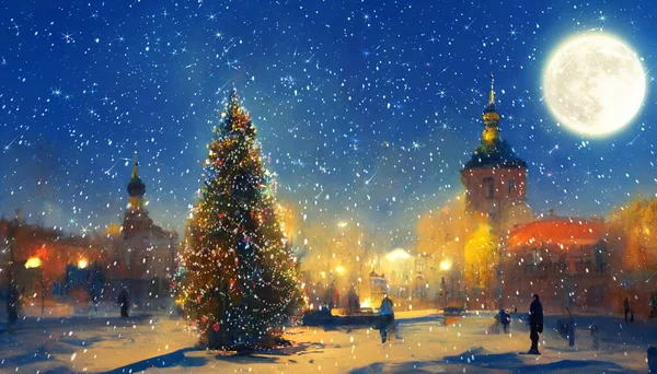 クリスマスツリーの解放冬の街雪の月の星空抽象絵画アート — ストック写真