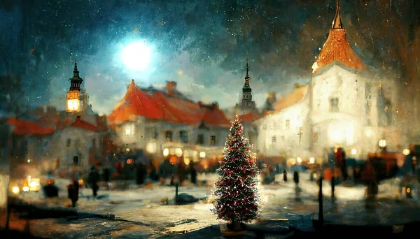 Christmas Tree Illumination Medieval Old City Town Hall Square Street — Stock Photo, Image