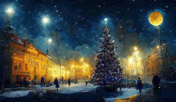 Weihnachten Stadt Abend Mittelalterlichen Tyown Mond Und Sternenhimmel Auf Der — Stockfoto