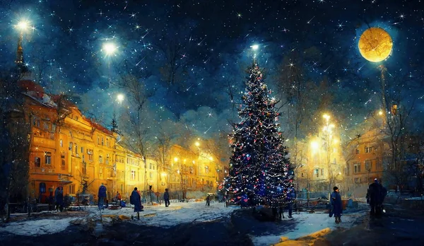 Ortaçağ 'da bir Noel akşamı, ay ve yıldızlı bir gecede gökyüzü öndeki ağaçta aydınlatılmış dekorasyon sanat afişi.