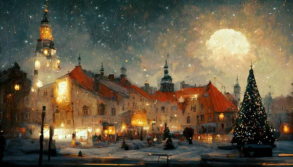 Christmas city evening in medieval town moon and starry night sky on front  Festive tree illuminated decoration art banner background