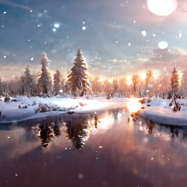 Розовый Закат Зимнем Морском Ландшафте Снежные Деревья Леса — стоковое фото