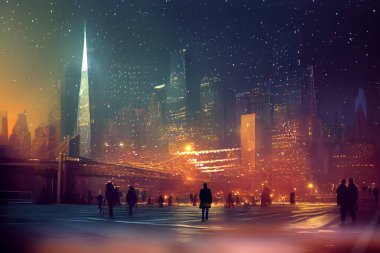 Geceleyin New York şehri bulanık ışık, yaya yürüyüşü, gece lambası, modern binalar şablon gölgesi