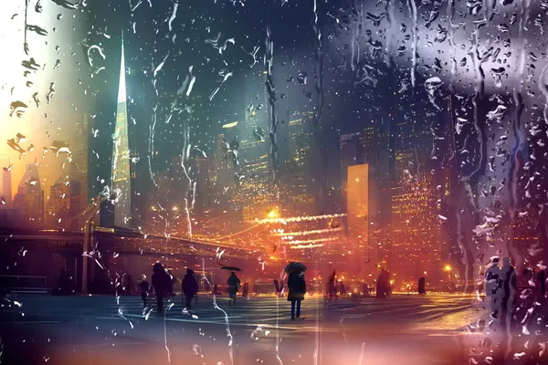 Rainy City New York Night Blurred Light Pedestrian Umbrellas Walk — Stock Photo, Image