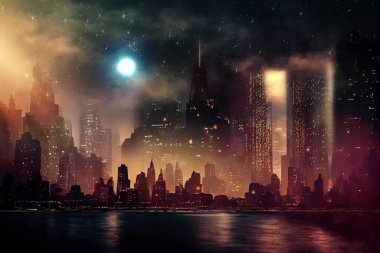  Gece vakti New York Bulutlu bir gökyüzü ve parlak bir yıldız Bulanık ay ışığı, akşam lambası, modern binalar şenlik gölgesi
