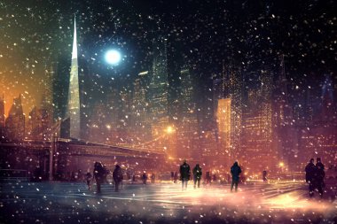  Karlı gece şehri New York geceleri bulutlu gökyüzü ve parlak yıldız bulanık ışık, akşam lambası, modern binalar şenlik gölgesi