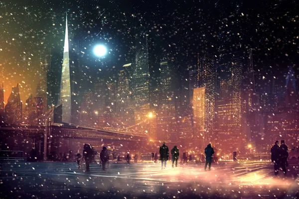  Karlı gece şehri New York geceleri bulutlu gökyüzü ve parlak yıldız bulanık ışık, akşam lambası, modern binalar şenlik gölgesi