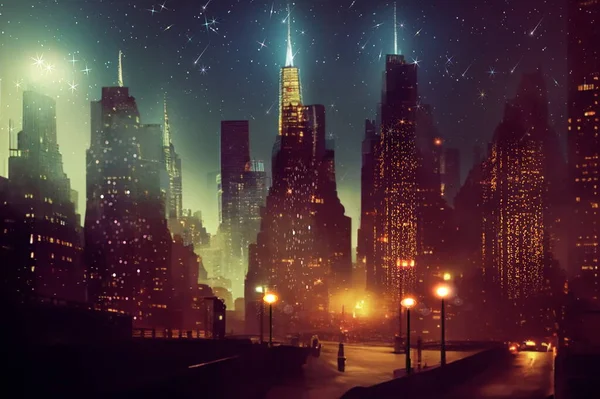 Lua Grande Cidade Céu Noturno Nova Iorque Noite Céu Nublado — Fotografia de Stock