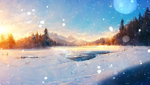 Winter Snowy Forest Frozen Lake Snow Flakes Fall Pink Sunset — Stock Photo, Image