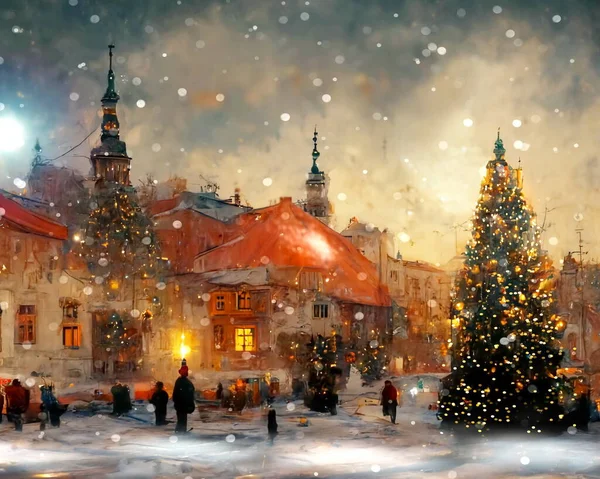 Christmas city , tree on medieval city stree  lamp evening blurred light old houses pedestrian walk old town market place  Tallinn old town festive background travel to Estonia