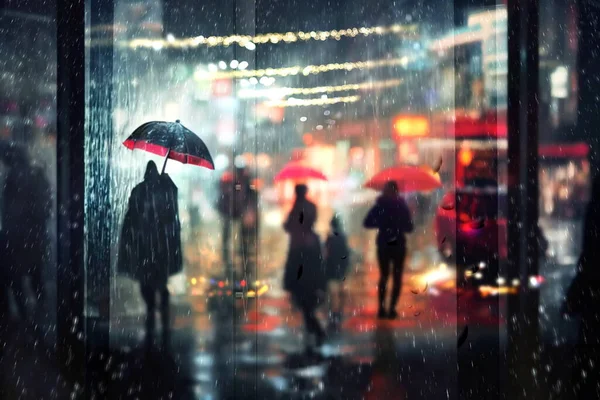 evening rainy city ,pedestrian walk with umbrellas blurred light rain drops on window glass view from window frame on town