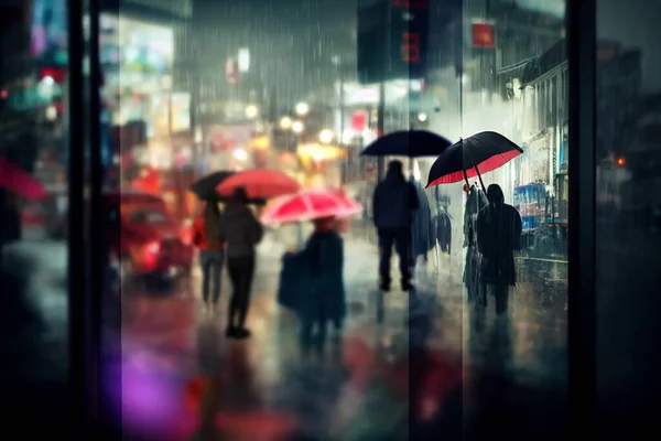 Rainy City Pedestrian Walk Umbrellas Evening Traffic Blurred Light Rain — Stock Photo, Image