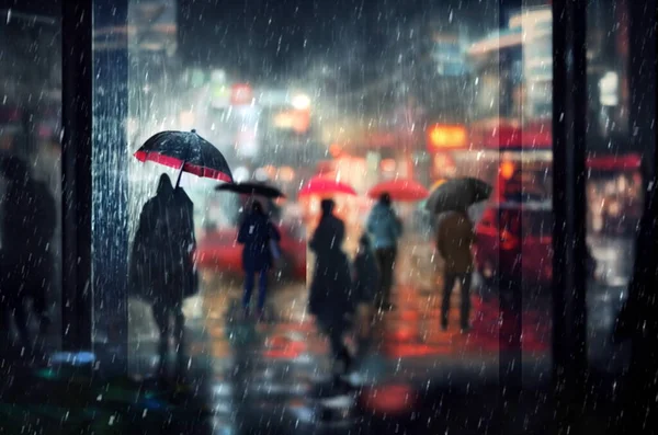 내리는 도시에서는 첫눈이 내리고 오후에는 우산을 산책을 — 스톡 사진