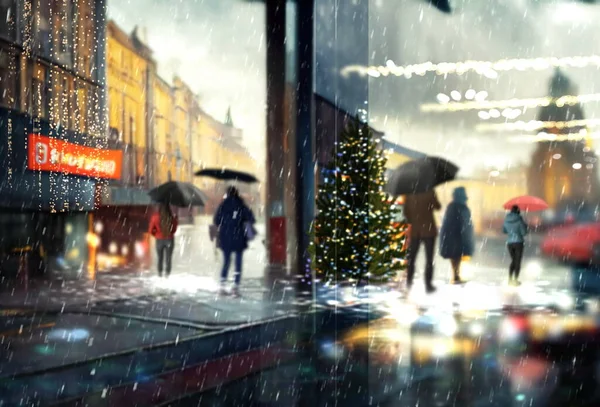 Christmas city ,snow fall  town festive illumination,,pedestrian walk with umbrellas  evening blurred light rain drops on window glass view from window frame