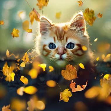 Mutlu kedi portresi Sonbahar Ormanı mevsiminde altın sarısı yapraklara oturur. 