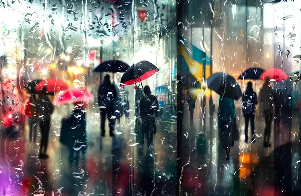 rainy city,rain drops on window evening rainy city ,people walk with umbrellas blurred light urban city weather forecast