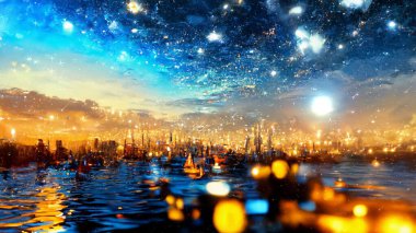 Deniz günbatımında fütüristik şehir ışığı ufukta yansıyor deniz suyu dalgası yıldızlı nebula hafif deniz manzarası 