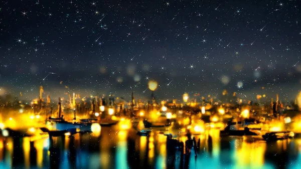 Noc Gwiaździsty Zachód Słońca Niebo Jasny Księżyc Morzu Futurystyczne Miasto — Zdjęcie stockowe
