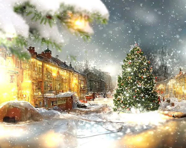 Karácsonyfa Városházán Tér Díszített Megvilágított Utcai Lámpa Homályos Fény Házak — Stock Fotó