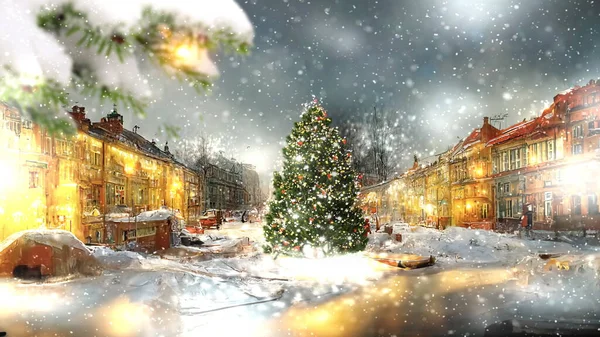 Christmas Tree City Town Hall Square Decorated Iluminated Street Lamp — Stock Photo, Image