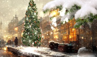 Noel kenti yeşil ağaç aydınlatma, karlı akşam bulanık ışık insanlar yürüyor ve binalar inşa ediyor sokak kış kasabasında kar yağışı kentsel yaşam tarzını yansıtıyor 